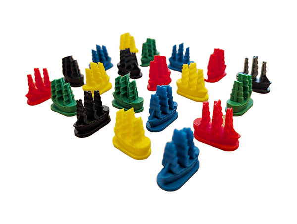 Generic 3D printed board game tokens boats coins and resources