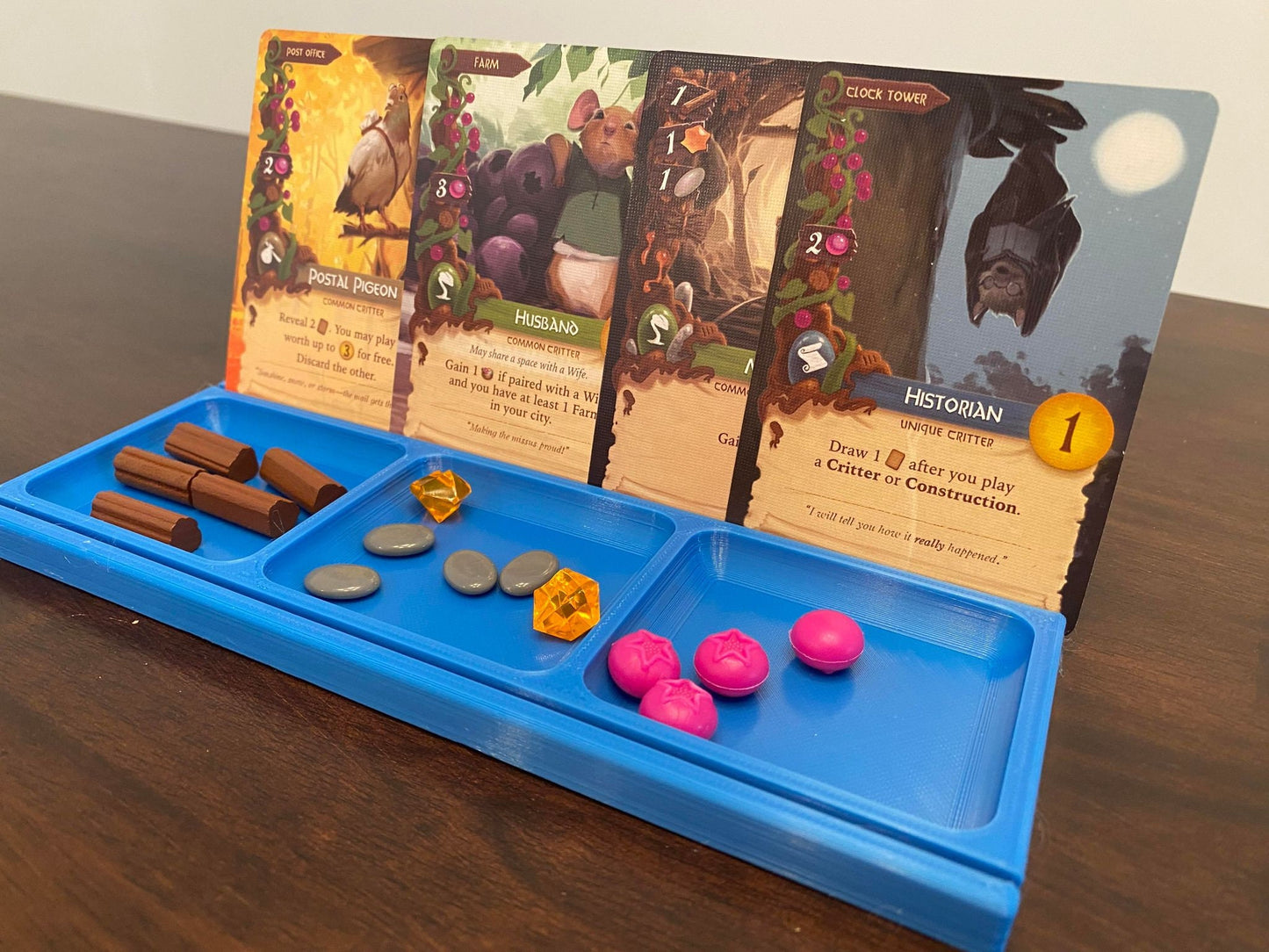 Board game tray card and tokens holder for Everdell blue