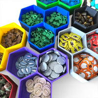 Stackable Hexagon Token Tray – 3-Bin Board Game Organizer | 2 Depths, 15 Colors | Catan Wingspan Ark Nova